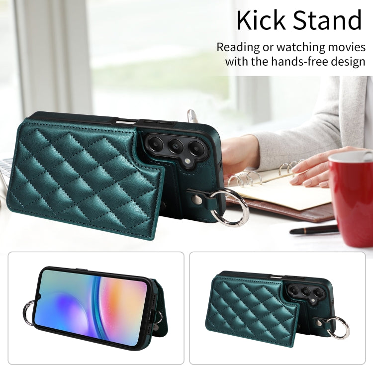 For Samsung Galaxy A05s Rhombic Texture Card Bag Phone Case with Short Lanyard