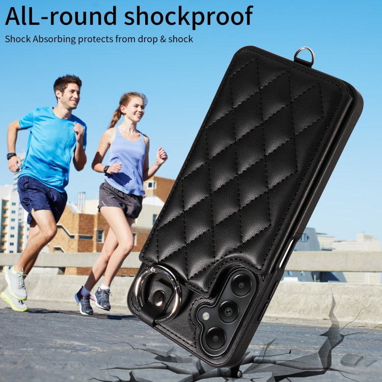 For Samsung Galaxy A05s Rhombic Texture Card Bag Phone Case with Short Lanyard