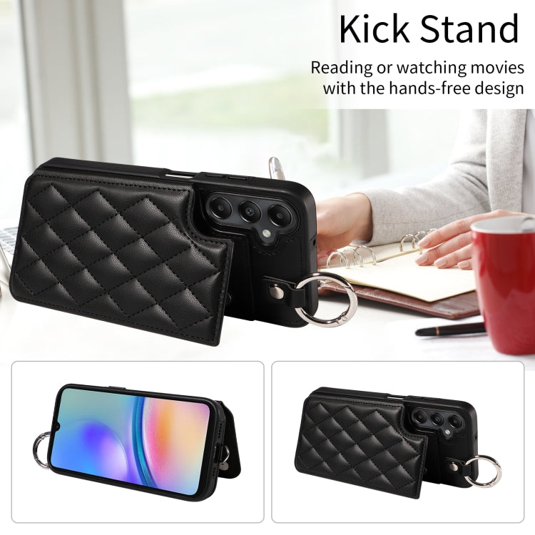 For Samsung Galaxy A05s Rhombic Texture Card Bag Phone Case with Short Lanyard