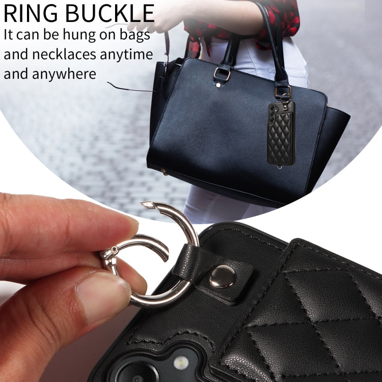 For Samsung Galaxy A05s Rhombic Texture Card Bag Phone Case with Short Lanyard
