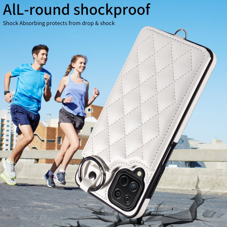 For Samsung Galaxy A12 4G Rhombic Texture Card Bag Phone Case with Short Lanyard