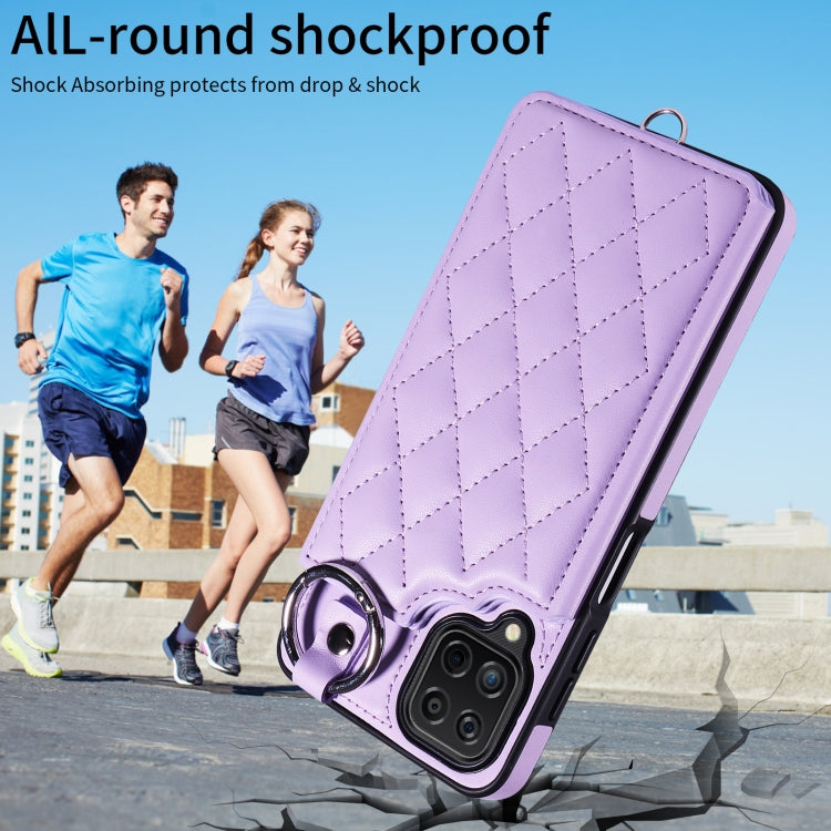 For Samsung Galaxy A12 4G Rhombic Texture Card Bag Phone Case with Short Lanyard