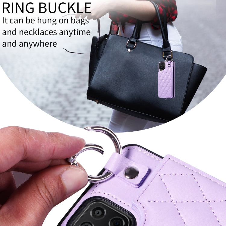 For Samsung Galaxy A12 4G Rhombic Texture Card Bag Phone Case with Short Lanyard
