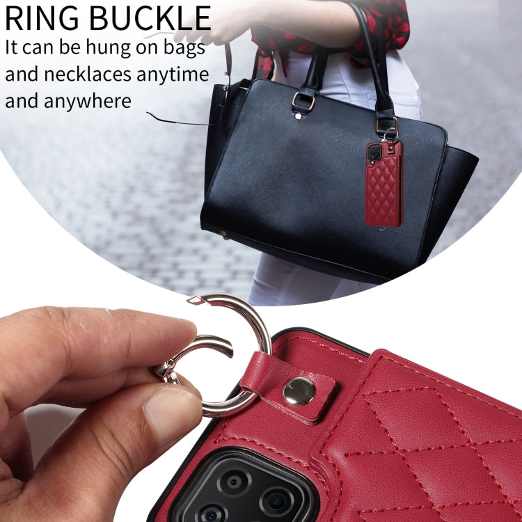 For Samsung Galaxy A12 4G Rhombic Texture Card Bag Phone Case with Short Lanyard