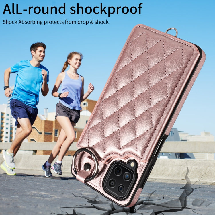 For Samsung Galaxy A12 4G Rhombic Texture Card Bag Phone Case with Short Lanyard