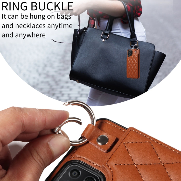 For Samsung Galaxy A12 4G Rhombic Texture Card Bag Phone Case with Short Lanyard