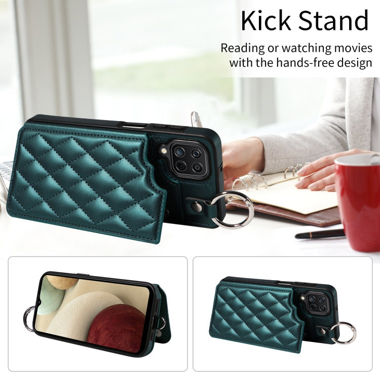 For Samsung Galaxy A12 4G Rhombic Texture Card Bag Phone Case with Short Lanyard