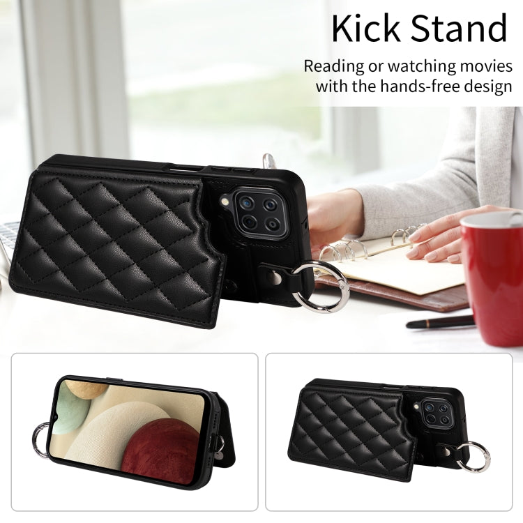 For Samsung Galaxy A12 4G Rhombic Texture Card Bag Phone Case with Short Lanyard