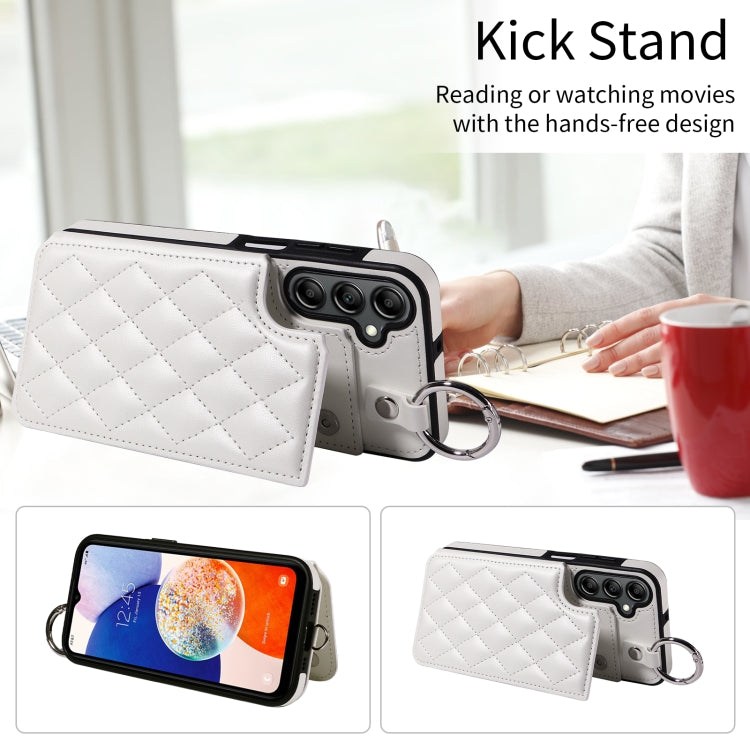 For Samsung Galaxy A14 4G / 5G Rhombic Texture Card Bag Phone Case with Short Lanyard