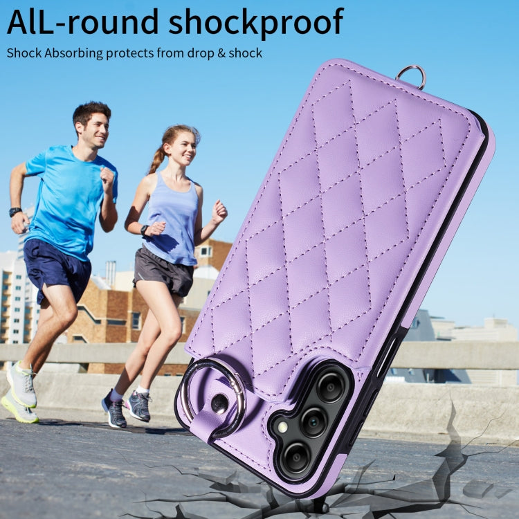 For Samsung Galaxy A14 4G / 5G Rhombic Texture Card Bag Phone Case with Short Lanyard