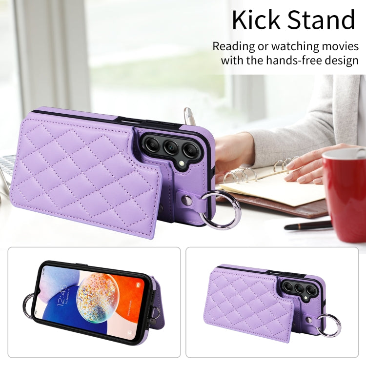 For Samsung Galaxy A14 4G / 5G Rhombic Texture Card Bag Phone Case with Short Lanyard
