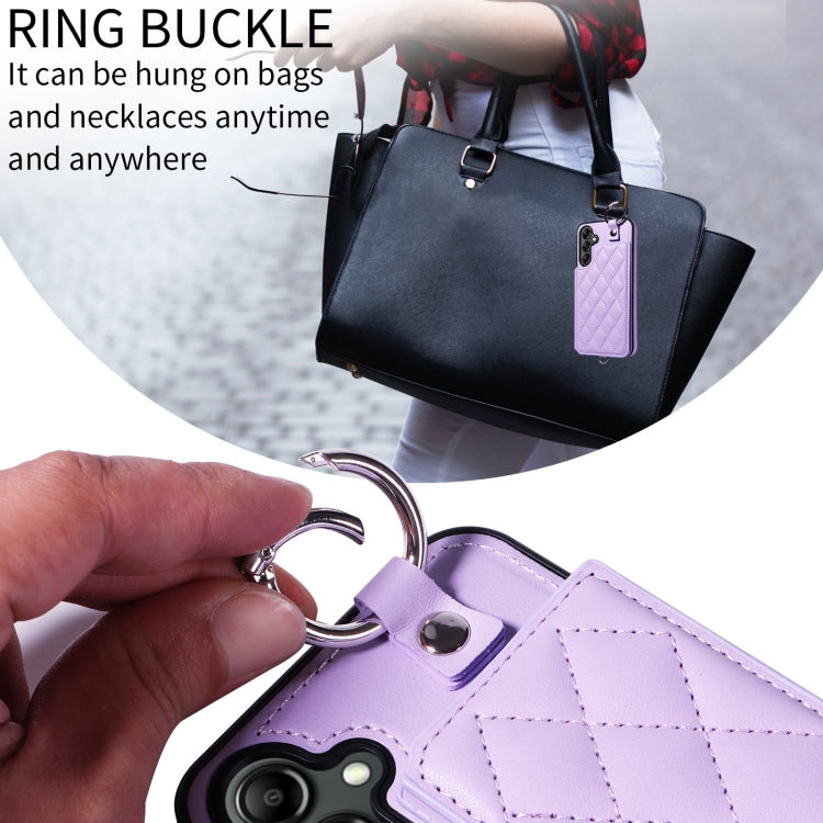 For Samsung Galaxy A14 4G / 5G Rhombic Texture Card Bag Phone Case with Short Lanyard