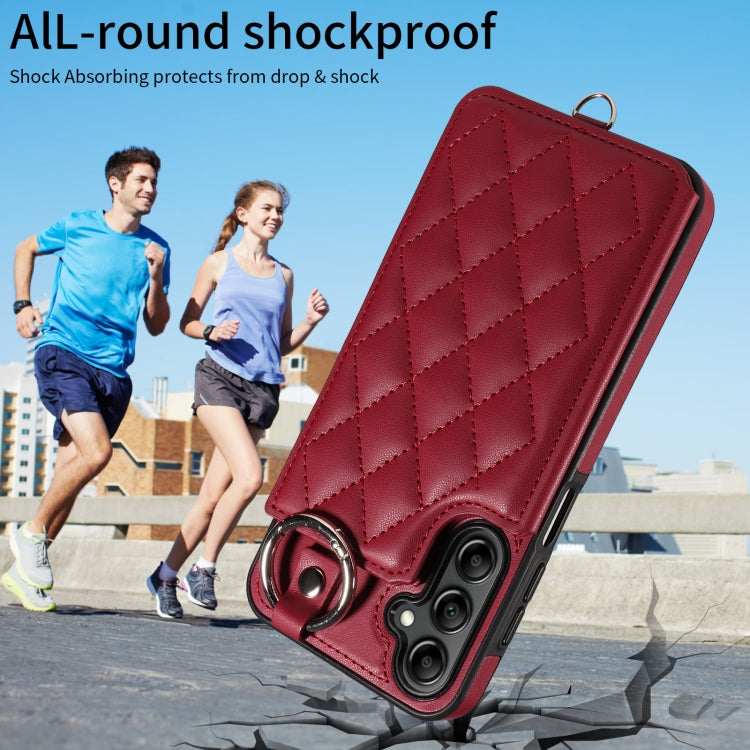 For Samsung Galaxy A14 4G / 5G Rhombic Texture Card Bag Phone Case with Short Lanyard