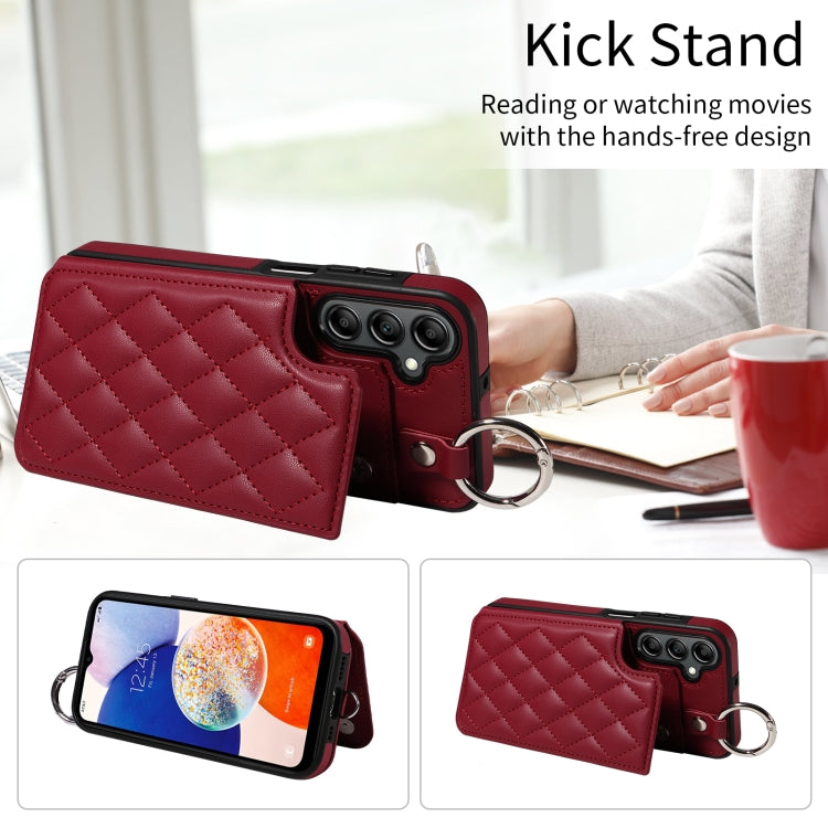 For Samsung Galaxy A14 4G / 5G Rhombic Texture Card Bag Phone Case with Short Lanyard