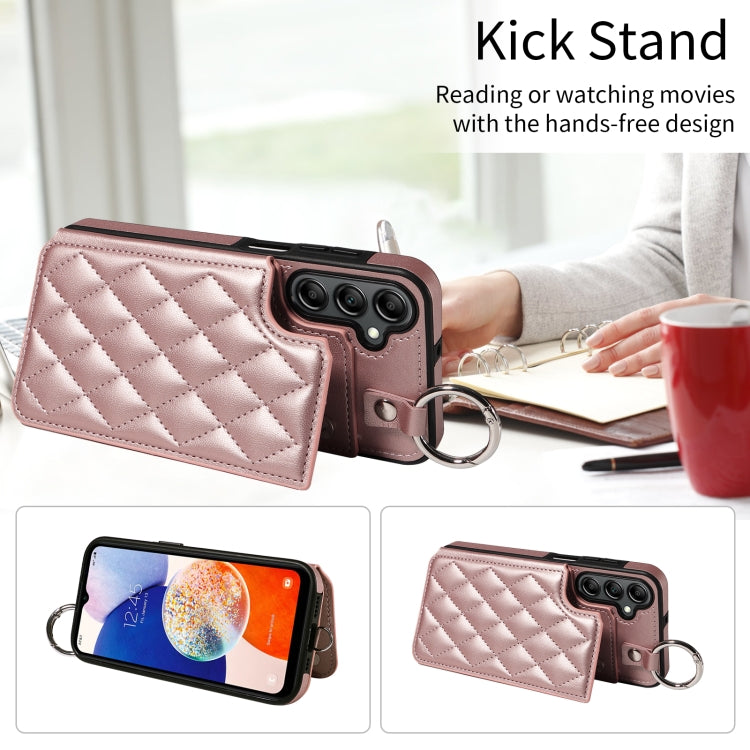 For Samsung Galaxy A14 4G / 5G Rhombic Texture Card Bag Phone Case with Short Lanyard