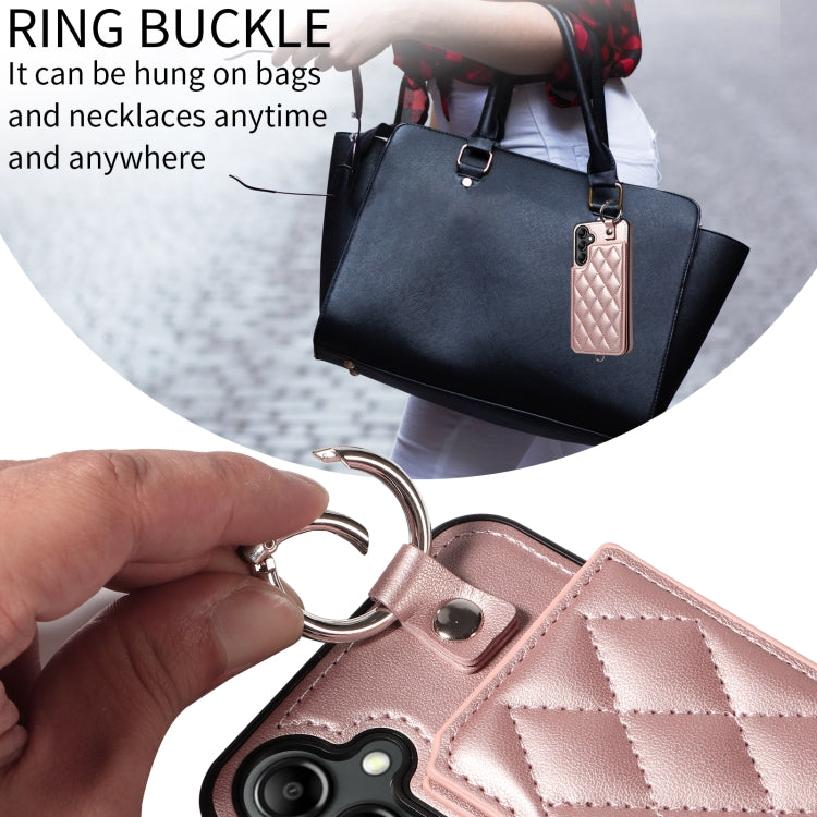 For Samsung Galaxy A14 4G / 5G Rhombic Texture Card Bag Phone Case with Short Lanyard