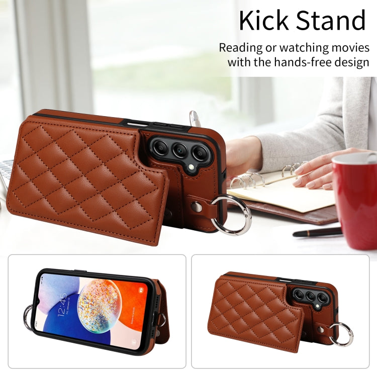 For Samsung Galaxy A14 4G / 5G Rhombic Texture Card Bag Phone Case with Short Lanyard