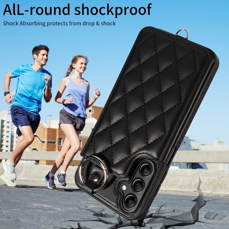 For Samsung Galaxy A14 4G / 5G Rhombic Texture Card Bag Phone Case with Short Lanyard