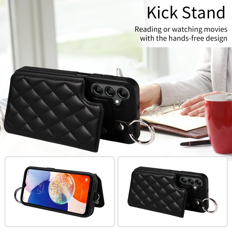 For Samsung Galaxy A14 4G / 5G Rhombic Texture Card Bag Phone Case with Short Lanyard