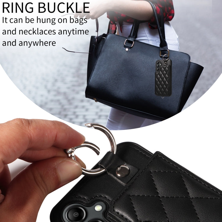 For Samsung Galaxy A14 4G / 5G Rhombic Texture Card Bag Phone Case with Short Lanyard