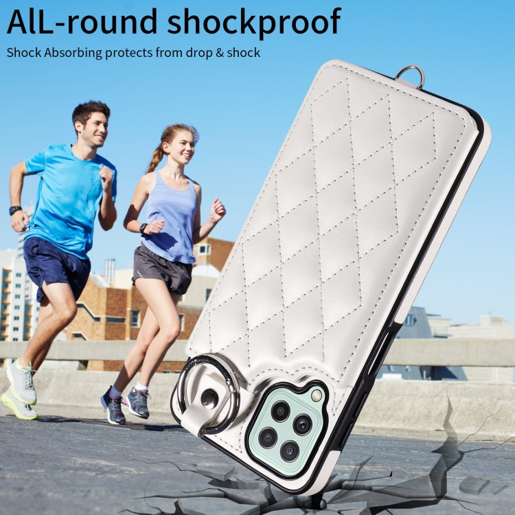 For Samsung Galaxy A22 4G Rhombic Texture Card Bag Phone Case with Short Lanyard