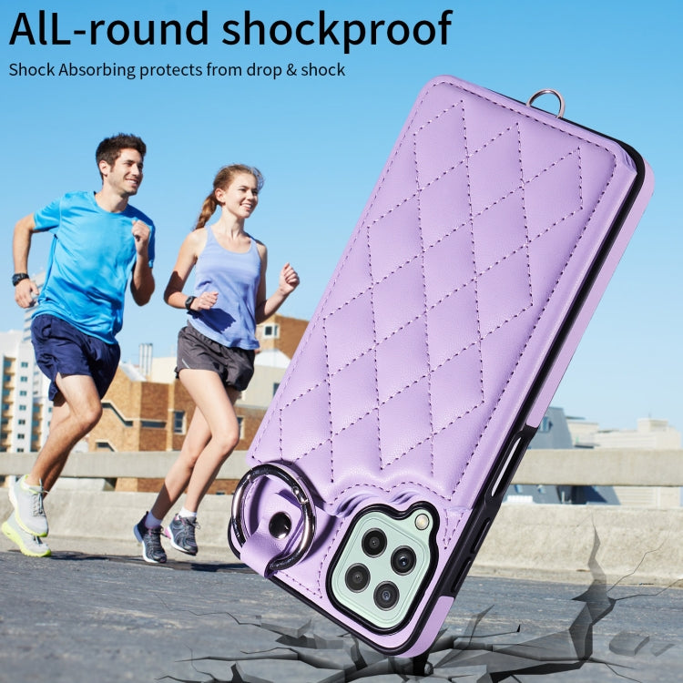 For Samsung Galaxy A22 4G Rhombic Texture Card Bag Phone Case with Short Lanyard