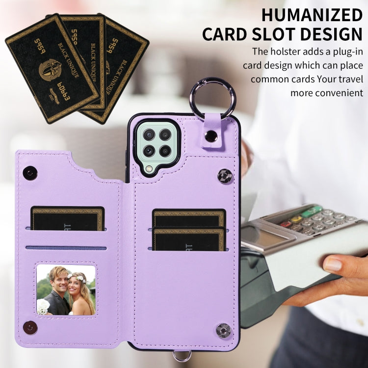 For Samsung Galaxy A22 4G Rhombic Texture Card Bag Phone Case with Short Lanyard