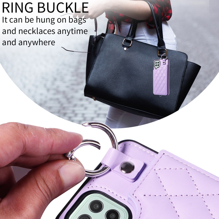 For Samsung Galaxy A22 4G Rhombic Texture Card Bag Phone Case with Short Lanyard