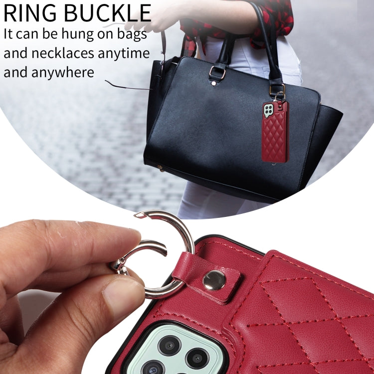 For Samsung Galaxy A22 4G Rhombic Texture Card Bag Phone Case with Short Lanyard