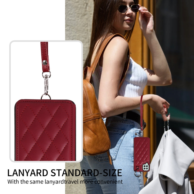 For Samsung Galaxy A22 4G Rhombic Texture Card Bag Phone Case with Short Lanyard