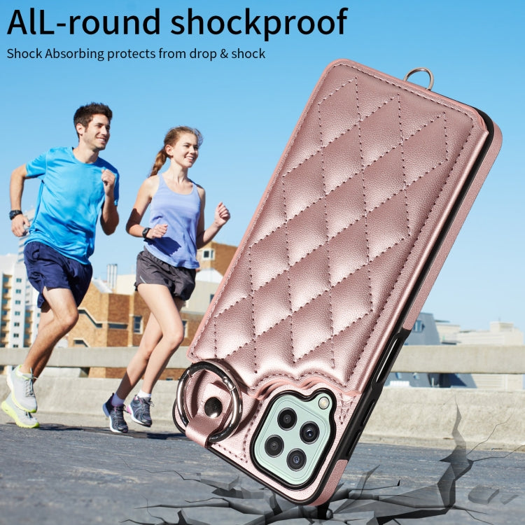For Samsung Galaxy A22 4G Rhombic Texture Card Bag Phone Case with Short Lanyard