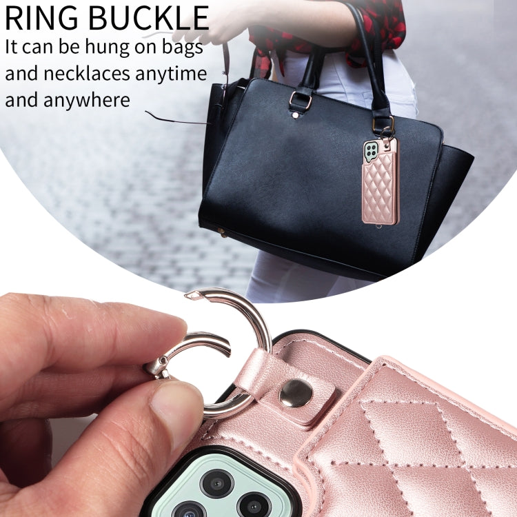 For Samsung Galaxy A22 4G Rhombic Texture Card Bag Phone Case with Short Lanyard