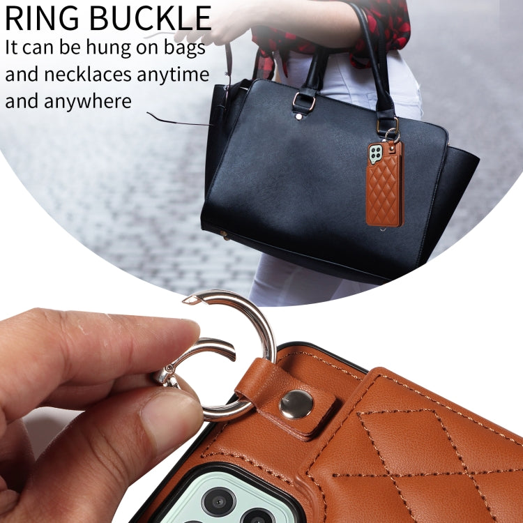 For Samsung Galaxy A22 4G Rhombic Texture Card Bag Phone Case with Short Lanyard