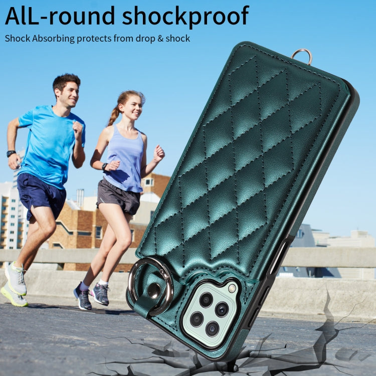 For Samsung Galaxy A22 4G Rhombic Texture Card Bag Phone Case with Short Lanyard