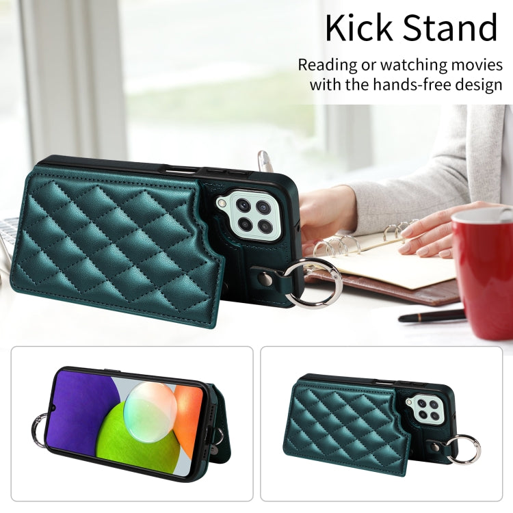 For Samsung Galaxy A22 4G Rhombic Texture Card Bag Phone Case with Short Lanyard