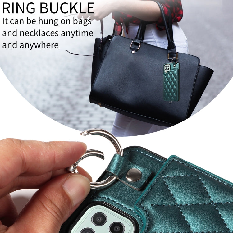 For Samsung Galaxy A22 4G Rhombic Texture Card Bag Phone Case with Short Lanyard