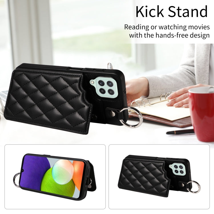 For Samsung Galaxy A22 4G Rhombic Texture Card Bag Phone Case with Short Lanyard