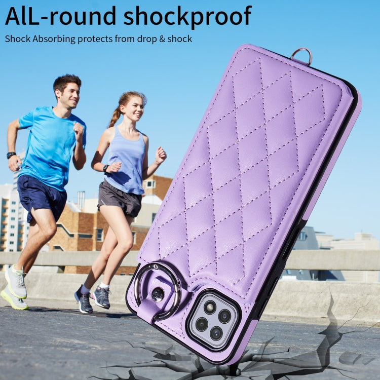 For Samsung Galaxy A22 5G Rhombic Texture Card Bag Phone Case with Short Lanyard