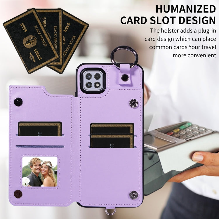 For Samsung Galaxy A22 5G Rhombic Texture Card Bag Phone Case with Short Lanyard