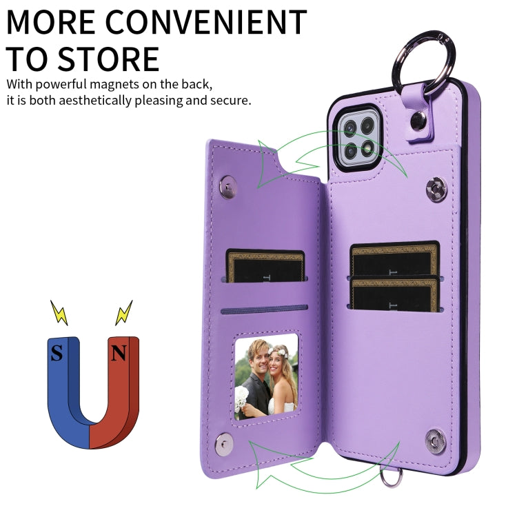 For Samsung Galaxy A22 5G Rhombic Texture Card Bag Phone Case with Short Lanyard