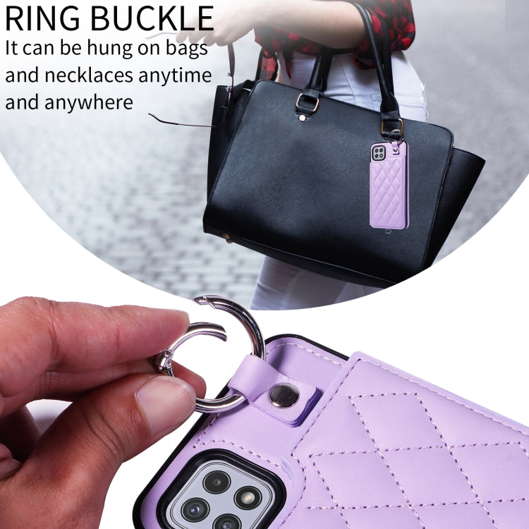 For Samsung Galaxy A22 5G Rhombic Texture Card Bag Phone Case with Short Lanyard
