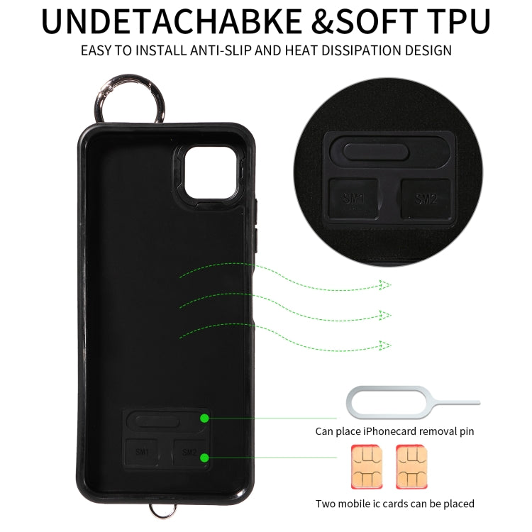 For Samsung Galaxy A22 5G Rhombic Texture Card Bag Phone Case with Short Lanyard