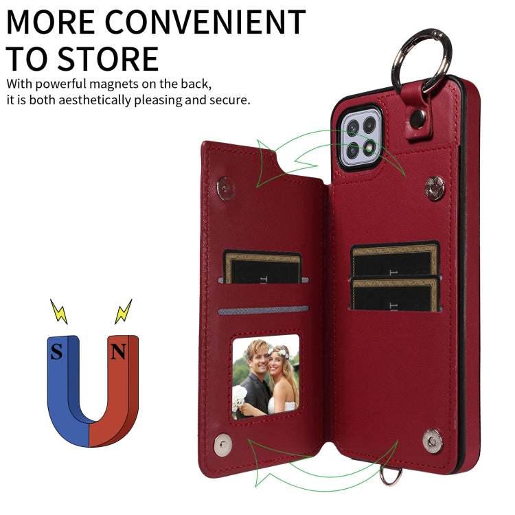 For Samsung Galaxy A22 5G Rhombic Texture Card Bag Phone Case with Short Lanyard