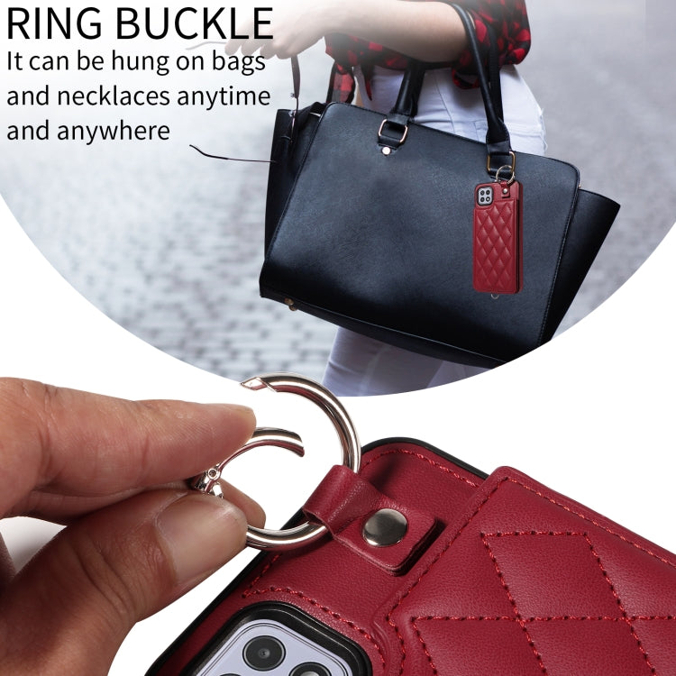 For Samsung Galaxy A22 5G Rhombic Texture Card Bag Phone Case with Short Lanyard