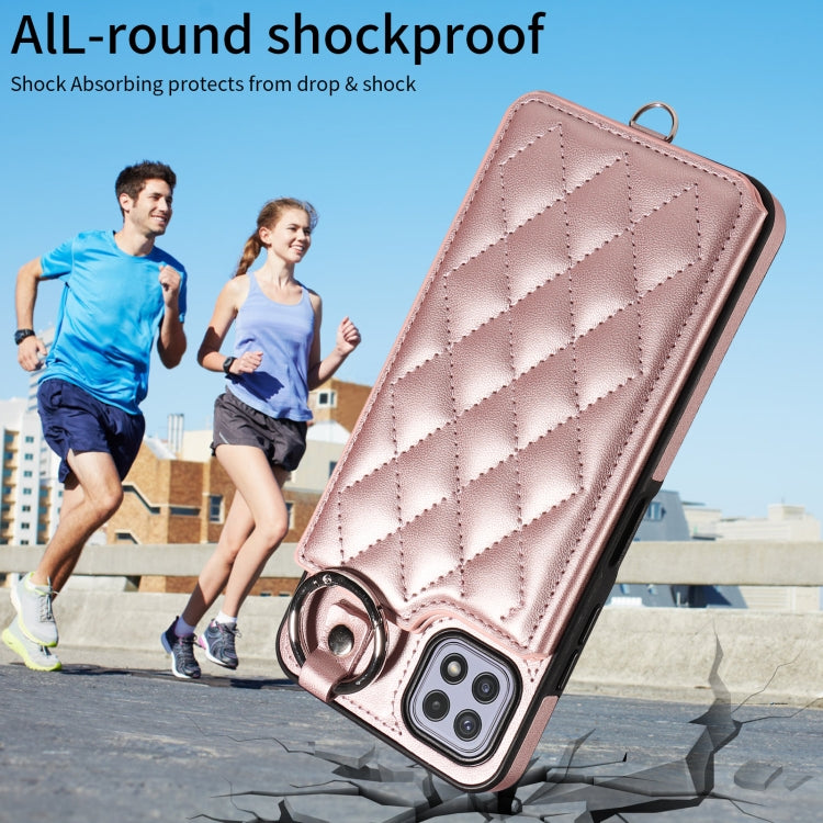 For Samsung Galaxy A22 5G Rhombic Texture Card Bag Phone Case with Short Lanyard