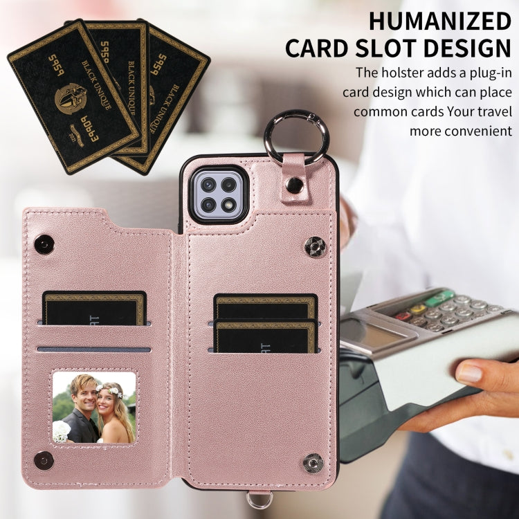 For Samsung Galaxy A22 5G Rhombic Texture Card Bag Phone Case with Short Lanyard