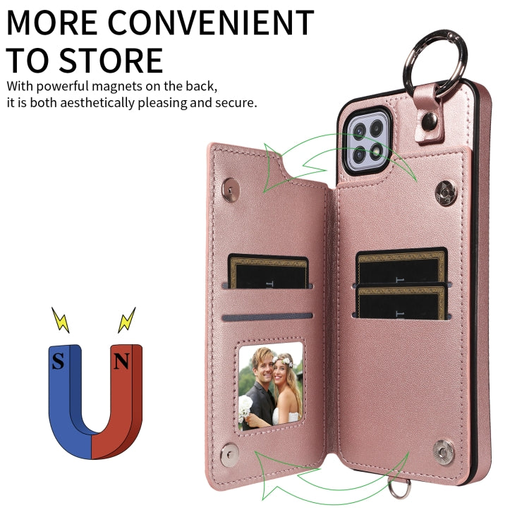 For Samsung Galaxy A22 5G Rhombic Texture Card Bag Phone Case with Short Lanyard