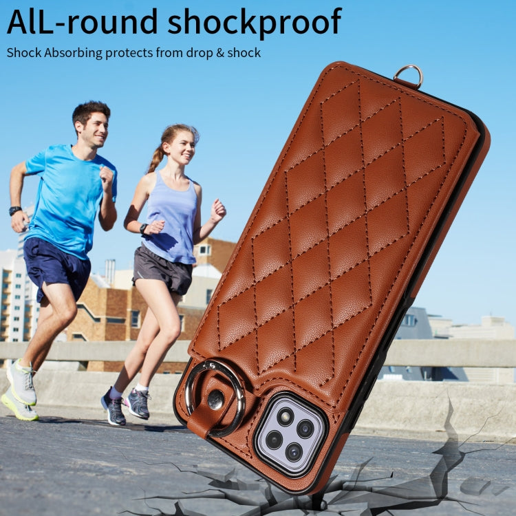 For Samsung Galaxy A22 5G Rhombic Texture Card Bag Phone Case with Short Lanyard
