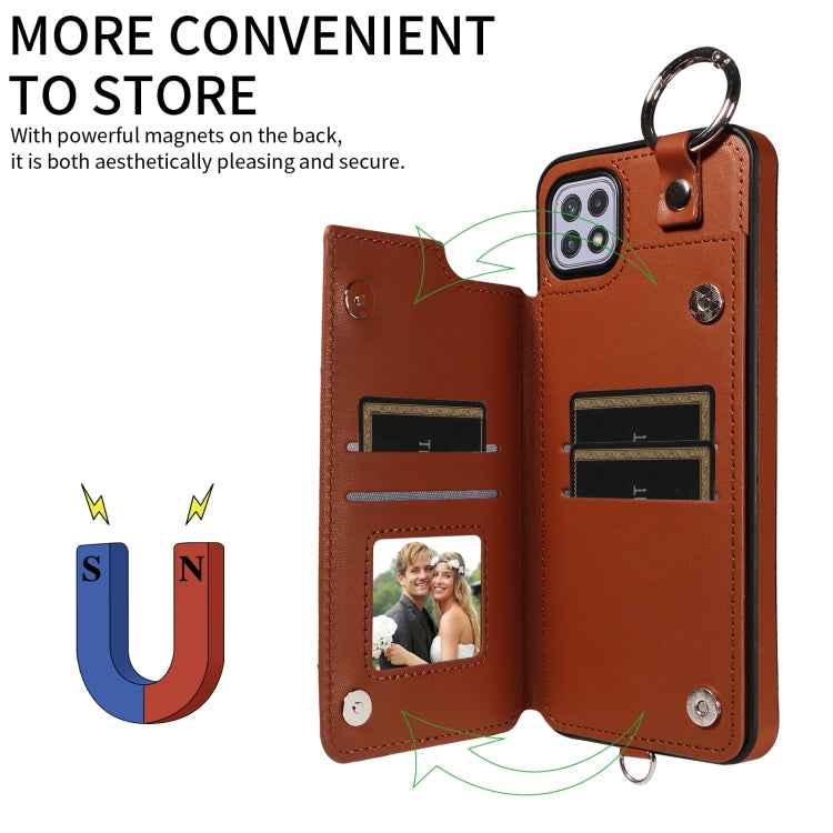 For Samsung Galaxy A22 5G Rhombic Texture Card Bag Phone Case with Short Lanyard