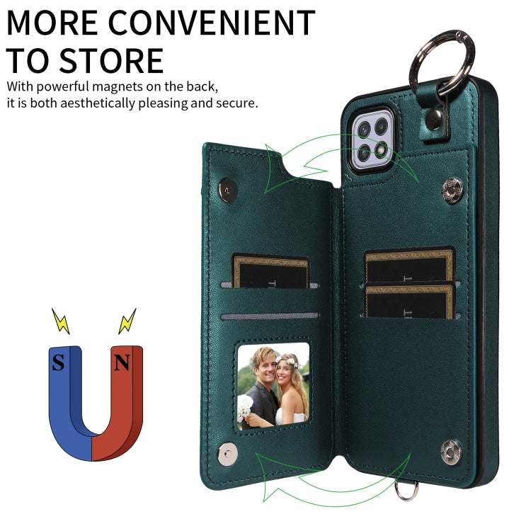 For Samsung Galaxy A22 5G Rhombic Texture Card Bag Phone Case with Short Lanyard
